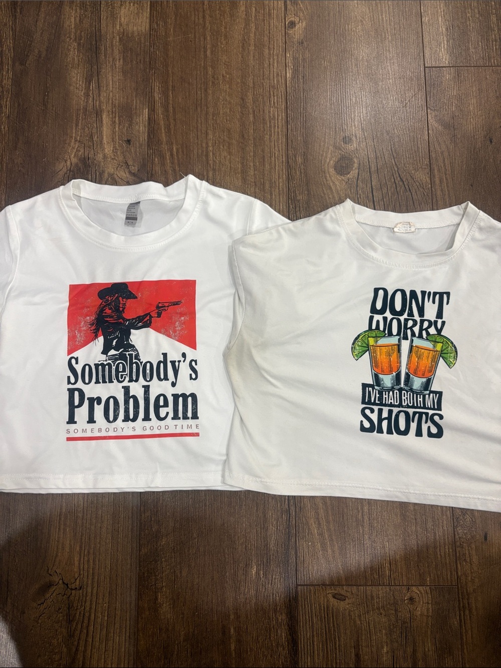 White womens Graphic Tee - Somebody's Problem / Don't Worry Shot Design
